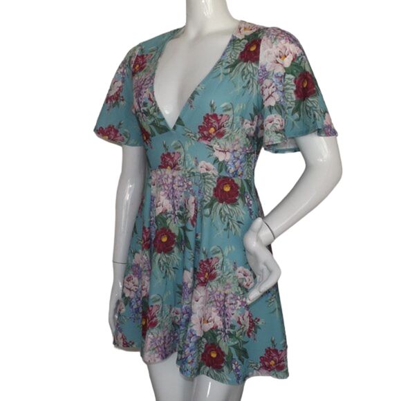 SHOW ME YOUR MUMU Mini Dress, M, Blue/Multicolor Floral, Plunging V-neck - Picture 3 of 13